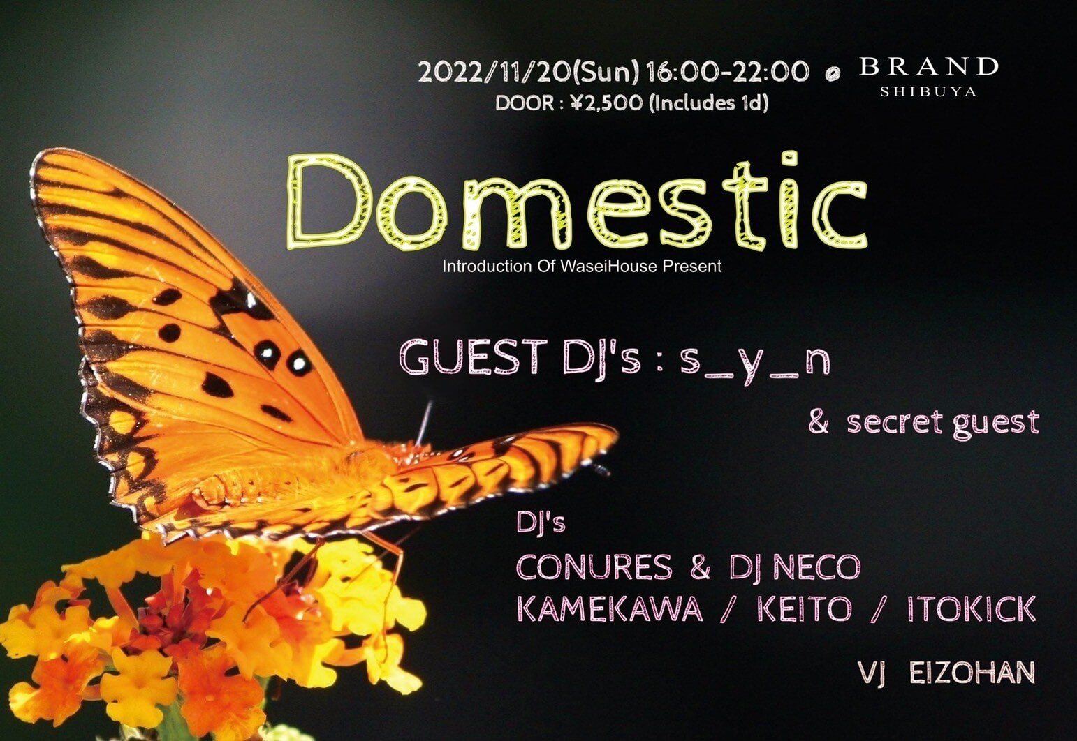 Domestic 2022年11月20日（日曜日）に渋谷 クラブのBRAND SHIBUYAで開催されるHOUSEイベント